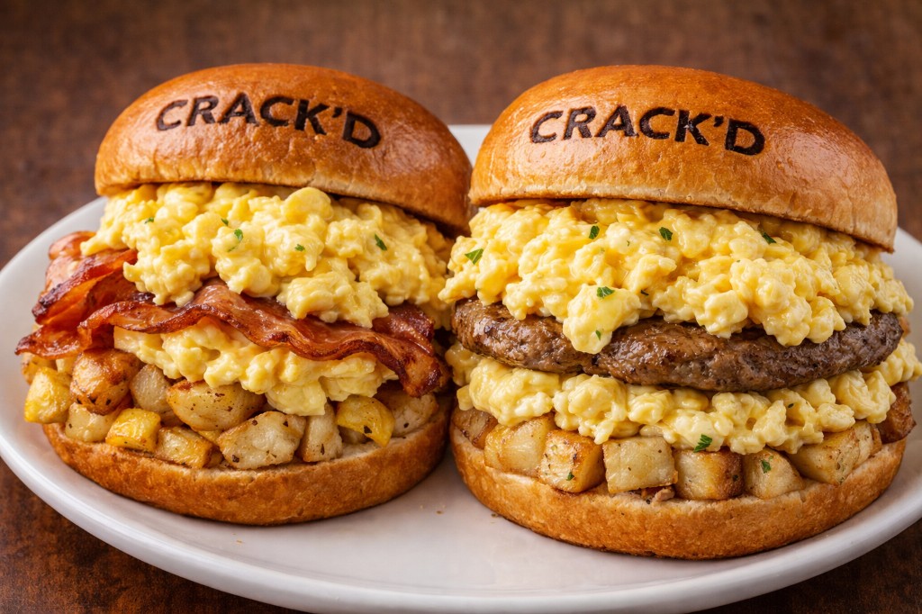 Crack'd breakfast sandwiches — bacon and sausage, eggs, potatoes