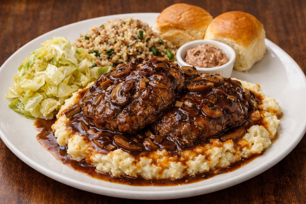 Salisbury steak in mushroom red wine gravy over mashed potatoes with sides and rolls