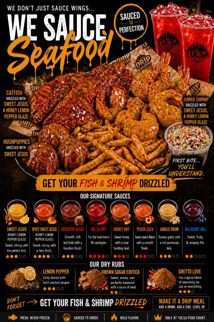 Tulsa Food Court — We Sauce Seafood signature sauces poster