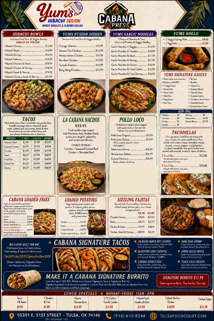 Printed menu side A — Yum's Hibachi Fusion and La Cabana Xpress
